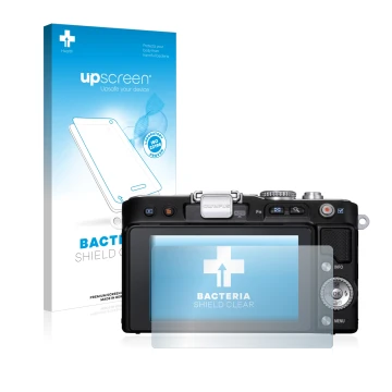 Parte frontale di una confezione del prodotto con il logo del marchio upscreen. Accanto è raffigurato il dispositivo Olympus P