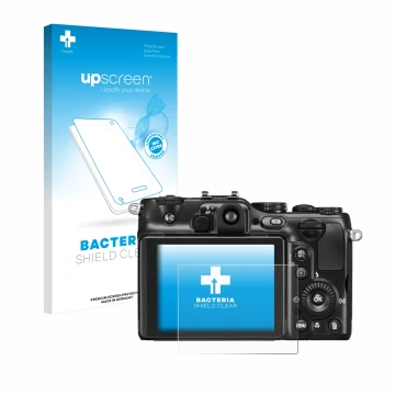 Parte frontale di una confezione del prodotto con il logo del marchio upscreen. Accanto è raffigurato il dispositivo Nikon Coo