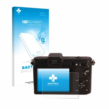 Parte frontale di una confezione del prodotto con il logo del marchio upscreen. Accanto è raffigurato il dispositivo Nikon 1 V
