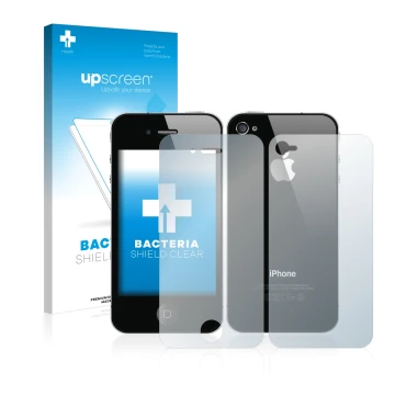 Parte frontale di una confezione del prodotto con il logo del marchio upscreen. Accanto è raffigurato il dispositivo Apple iPh