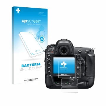 Parte frontale di una confezione del prodotto con il logo del marchio upscreen. Accanto è raffigurato il dispositivo Nikon D4 