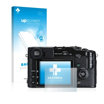 Parte frontale di una confezione del prodotto con il logo del marchio upscreen. Accanto è raffigurato il dispositivo Fujifilm 