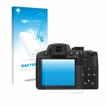 Parte frontale di una confezione del prodotto con il logo del marchio upscreen. Accanto è raffigurato il dispositivo Nikon Coo