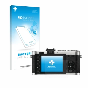 Parte frontale di una confezione del prodotto con il logo del marchio upscreen. Accanto è raffigurato il dispositivo Leica X2 