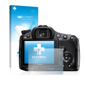 Parte frontale di una confezione del prodotto con il logo del marchio upscreen. Accanto è raffigurato il dispositivo Sony Alph