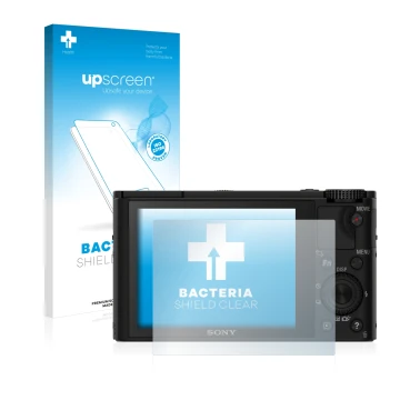 Parte frontale di una confezione del prodotto con il logo del marchio upscreen. Accanto è raffigurato il dispositivo Sony Cybe