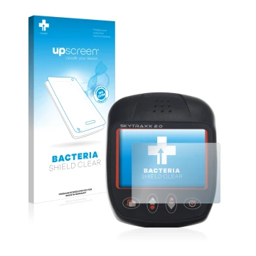 Parte frontale di una confezione del prodotto con il logo del marchio upscreen. Accanto è raffigurato il dispositivo Skytraxx 