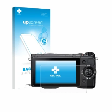 Parte frontale di una confezione del prodotto con il logo del marchio upscreen. Accanto è raffigurato il dispositivo Sony Alph