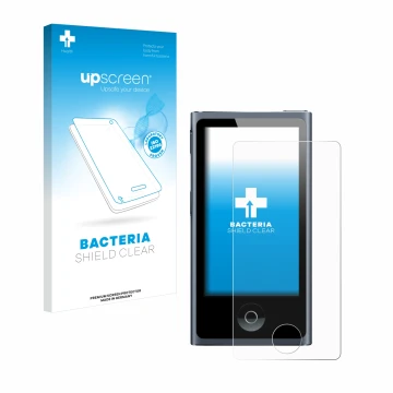 Parte frontale di una confezione del prodotto con il logo del marchio upscreen. Accanto è raffigurato il dispositivo Apple iPo