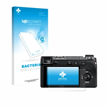 Parte frontale di una confezione del prodotto con il logo del marchio upscreen. Accanto è raffigurato il dispositivo Sony Alph