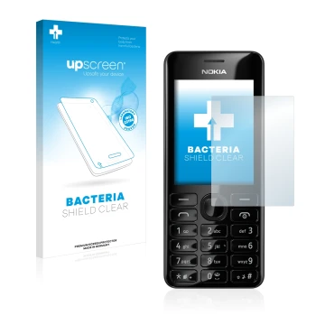 Parte frontale di una confezione del prodotto con il logo del marchio upscreen. Accanto è raffigurato il dispositivo Nokia 206