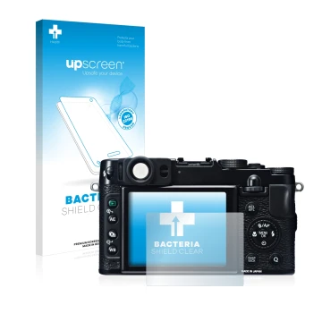 Parte frontale di una confezione del prodotto con il logo del marchio upscreen. Accanto è raffigurato il dispositivo Fujifilm 