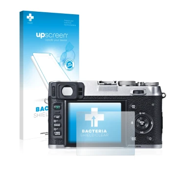 Parte frontale di una confezione del prodotto con il logo del marchio upscreen. Accanto è raffigurato il dispositivo Fujifilm 