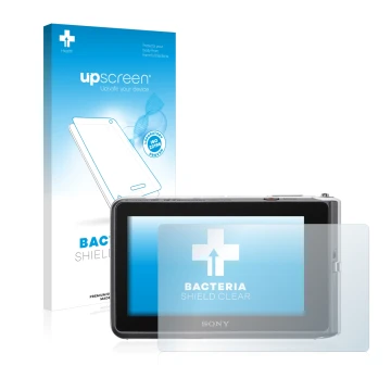Parte frontale di una confezione del prodotto con il logo del marchio upscreen. Accanto è raffigurato il dispositivo Sony Cybe