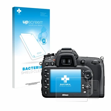 Parte frontale di una confezione del prodotto con il logo del marchio upscreen. Accanto è raffigurato il dispositivo Nikon D71