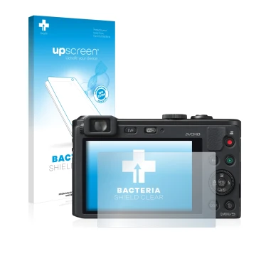 Parte frontale di una confezione del prodotto con il logo del marchio upscreen. Accanto è raffigurato il dispositivo Panasonic