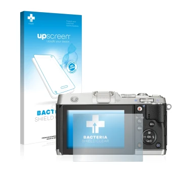 Parte frontale di una confezione del prodotto con il logo del marchio upscreen. Accanto è raffigurato il dispositivo Olympus P