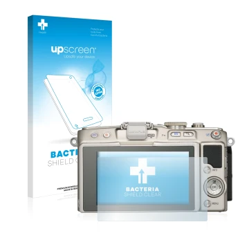 Parte frontale di una confezione del prodotto con il logo del marchio upscreen. Accanto è raffigurato il dispositivo Olympus P