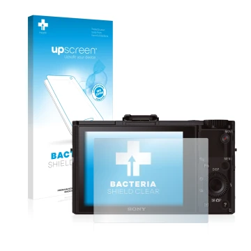 Parte frontale di una confezione del prodotto con il logo del marchio upscreen. Accanto è raffigurato il dispositivo Sony Cybe