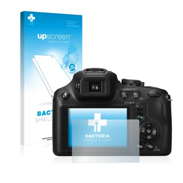 Parte frontale di una confezione del prodotto con il logo del marchio upscreen. Accanto è raffigurato il dispositivo Panasonic