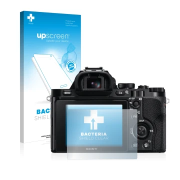 Parte frontale di una confezione del prodotto con il logo del marchio upscreen. Accanto è raffigurato il dispositivo Sony Alph