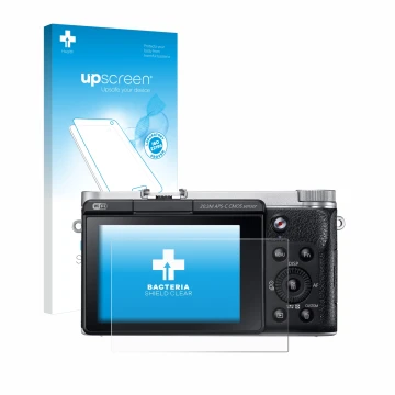 Parte frontale di una confezione del prodotto con il logo del marchio upscreen. Accanto è raffigurato il dispositivo Samsung N