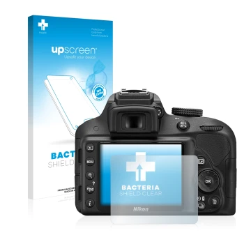 Parte frontale di una confezione del prodotto con il logo del marchio upscreen. Accanto è raffigurato il dispositivo Nikon D33