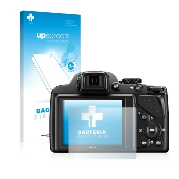 Parte frontale di una confezione del prodotto con il logo del marchio upscreen. Accanto è raffigurato il dispositivo Nikon Coo