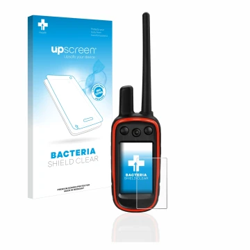 Parte frontale di una confezione del prodotto con il logo del marchio upscreen. Accanto è raffigurato il dispositivo Garmin Al