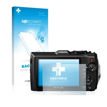 Parte frontale di una confezione del prodotto con il logo del marchio upscreen. Accanto è raffigurato il dispositivo Olympus S