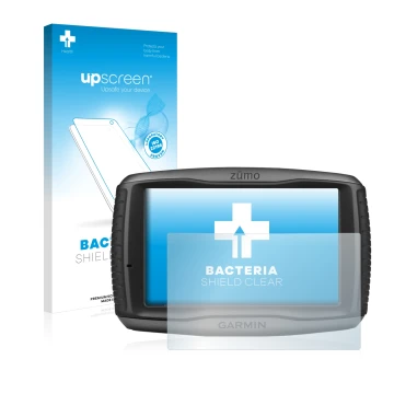 Parte frontale di una confezione del prodotto con il logo del marchio upscreen. Accanto è raffigurato il dispositivo Garmin zu