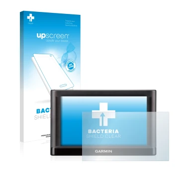 Parte frontale di una confezione del prodotto con il logo del marchio upscreen. Accanto è raffigurato il dispositivo Garmin nü