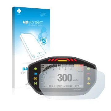 Parte frontale di una confezione del prodotto con il logo del marchio upscreen. Accanto è raffigurato il dispositivo Ducati Mo