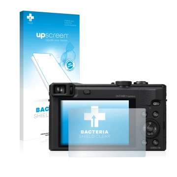 Parte frontale di una confezione del prodotto con il logo del marchio upscreen. Accanto è raffigurato il dispositivo Panasonic