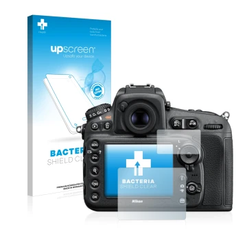 Parte frontale di una confezione del prodotto con il logo del marchio upscreen. Accanto è raffigurato il dispositivo Nikon D81