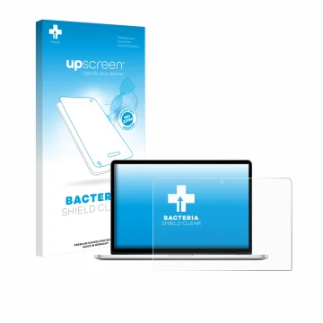 Parte frontale di una confezione del prodotto con il logo del marchio upscreen. Accanto è raffigurato il dispositivo Apple Mac