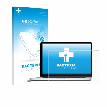 Parte frontale di una confezione del prodotto con il logo del marchio upscreen. Accanto è raffigurato il dispositivo Apple Mac