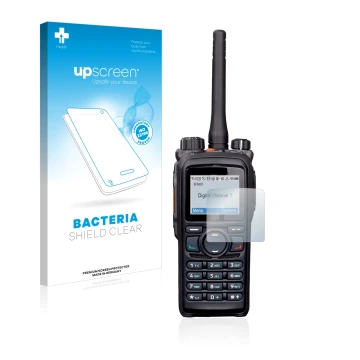 Parte frontale di una confezione del prodotto con il logo del marchio upscreen. Accanto è raffigurato il dispositivo Hytera PD