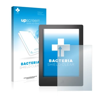 Parte frontale di una confezione del prodotto con il logo del marchio upscreen. Accanto è raffigurato il dispositivo Kobo Aura