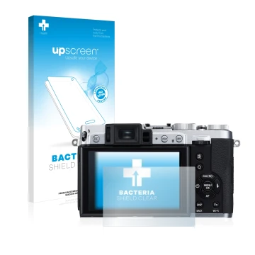 Parte frontale di una confezione del prodotto con il logo del marchio upscreen. Accanto è raffigurato il dispositivo Fujifilm 