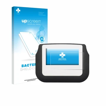 Parte frontale di una confezione del prodotto con il logo del marchio upscreen. Accanto è raffigurato il dispositivo Signotec 