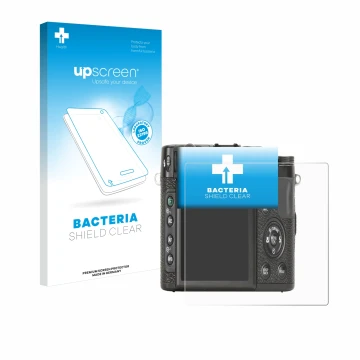 Parte frontale di una confezione del prodotto con il logo del marchio upscreen. Accanto è raffigurato il dispositivo Fujifilm 