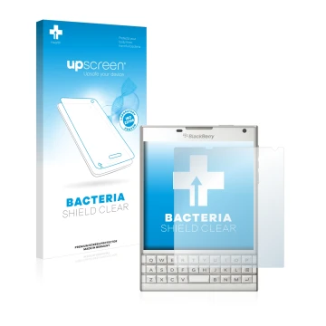 Parte frontale di una confezione del prodotto con il logo del marchio upscreen. Accanto è raffigurato il dispositivo BlackBerr