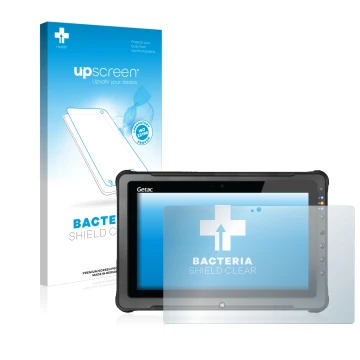 Parte frontale di una confezione del prodotto con il logo del marchio upscreen. Accanto è raffigurato il dispositivo Getac F11