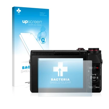 Parte frontale di una confezione del prodotto con il logo del marchio upscreen. Accanto è raffigurato il dispositivo Canon Pow