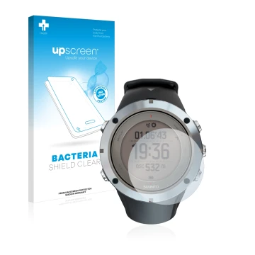 Parte frontale di una confezione del prodotto con il logo del marchio upscreen. Accanto è raffigurato il dispositivo Suunto Am