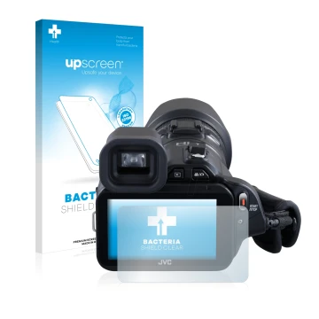 Parte frontale di una confezione del prodotto con il logo del marchio upscreen. Accanto è raffigurato il dispositivo JVC GC-PX