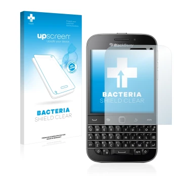 Parte frontale di una confezione del prodotto con il logo del marchio upscreen. Accanto è raffigurato il dispositivo Blackberr