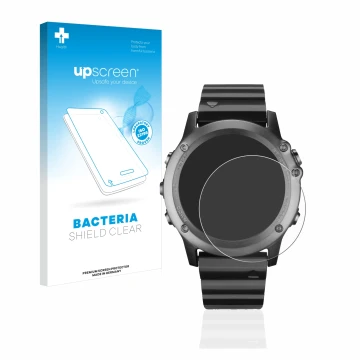 Parte frontale di una confezione del prodotto con il logo del marchio upscreen. Accanto è raffigurato il dispositivo Garmin Fe