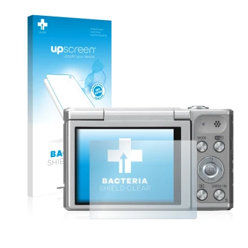 Parte frontale di una confezione del prodotto con il logo del marchio upscreen. Accanto è raffigurato il dispositivo Panasonic